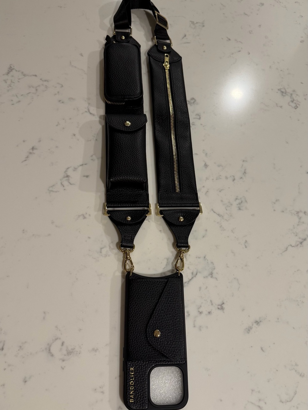 Bandolier Black Leather Crossbody for I Phone 15 PRO Case with Gold Hardware